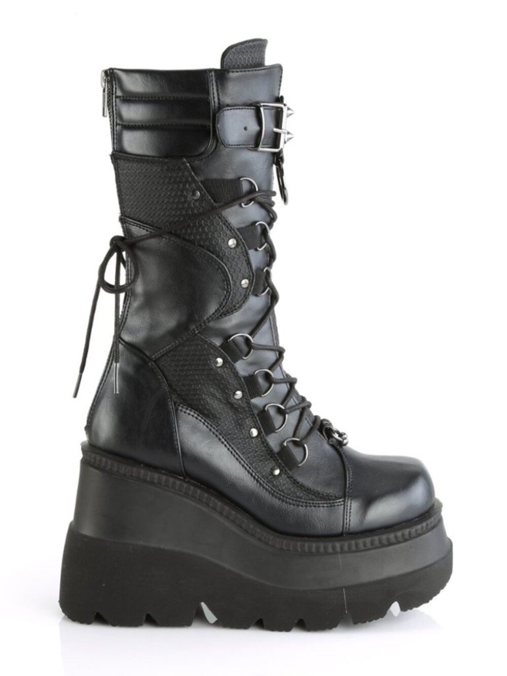 Mid-Calf Boots with Curvy Contrast Panels, Horseshoe Ring